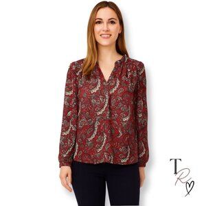 LOFT Red Paisley Print Long Sleeve  Split Neck Fall Career Blouse Size XL